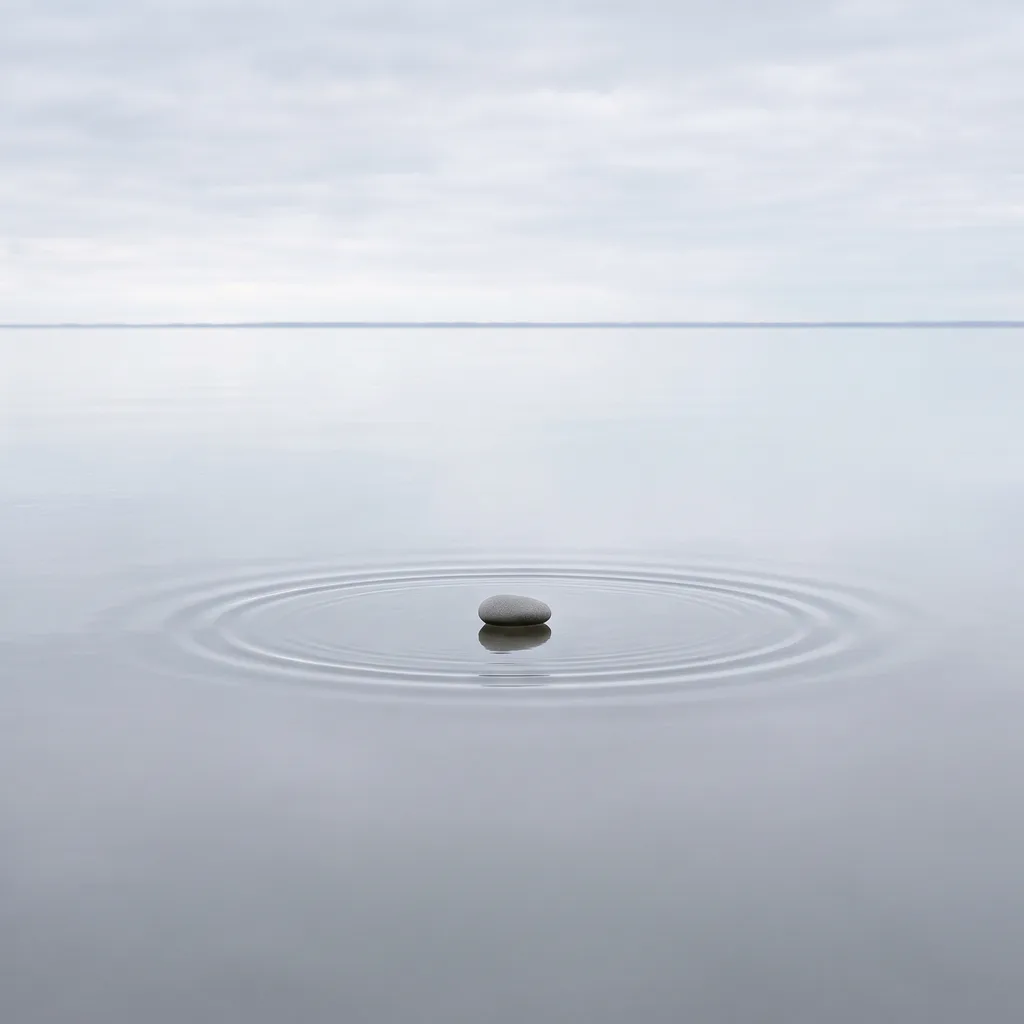 A single small stone touching the surface of a mirror-calm lake, one perfect circular ripple expanding around it.
